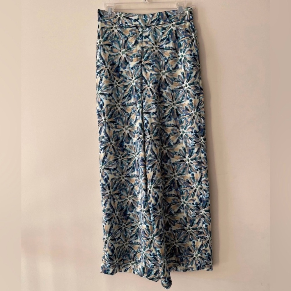 Elegant Floral Print Blue and Cream Multicolor Straight Wide Leg Palazzo Pants